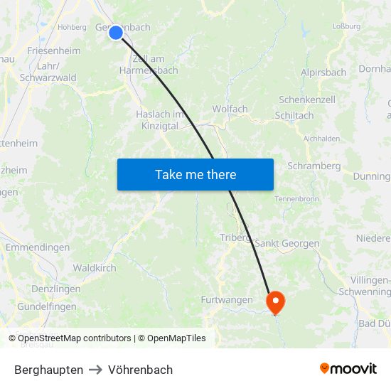 Berghaupten to Vöhrenbach map