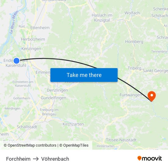 Forchheim to Vöhrenbach map