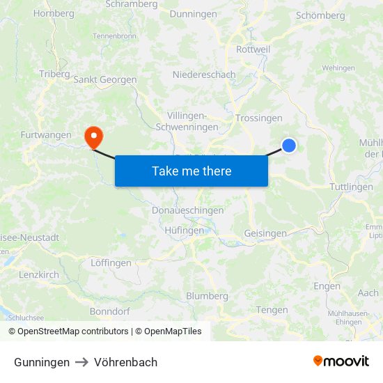 Gunningen to Vöhrenbach map