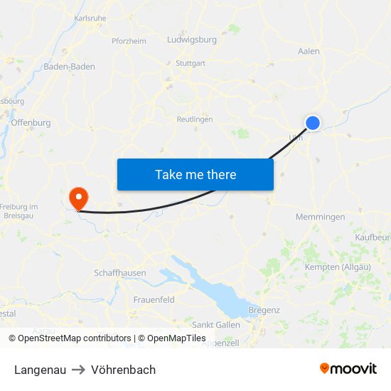 Langenau to Vöhrenbach map
