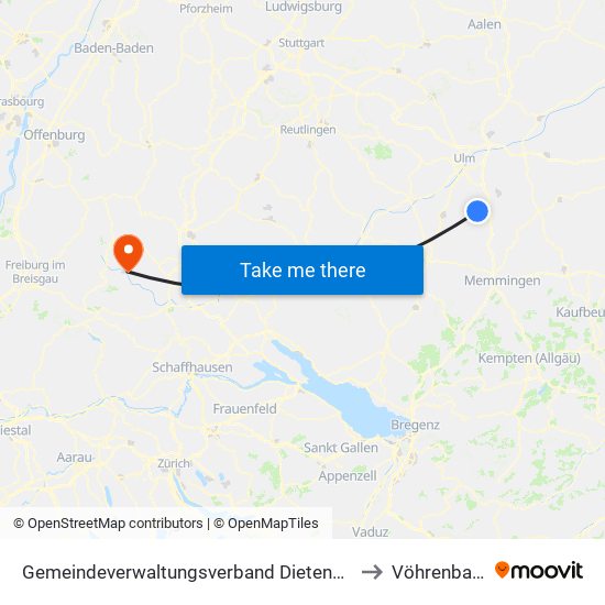 Gemeindeverwaltungsverband Dietenheim to Vöhrenbach map