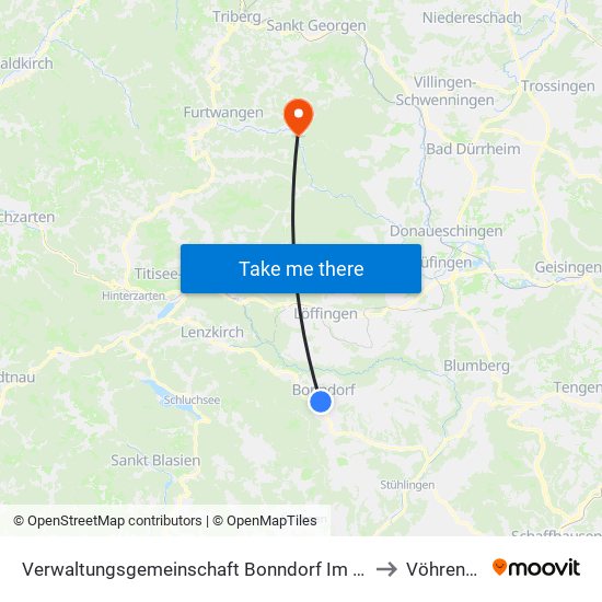 Verwaltungsgemeinschaft Bonndorf Im Schwarzwald to Vöhrenbach map