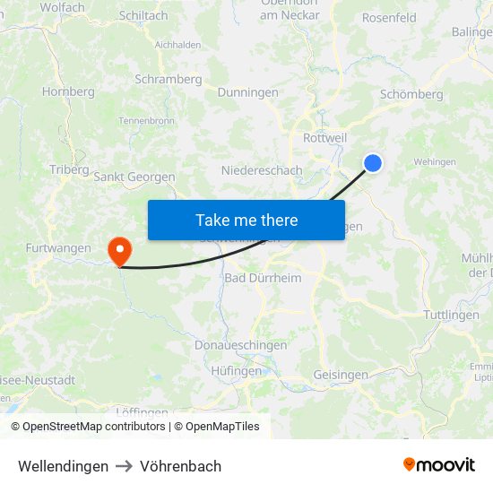 Wellendingen to Vöhrenbach map