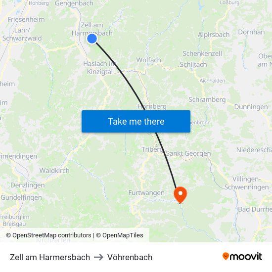 Zell am Harmersbach to Vöhrenbach map