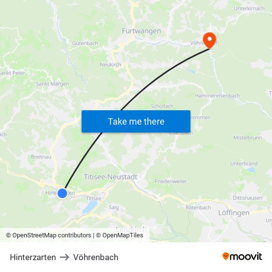 Hinterzarten to Vöhrenbach map