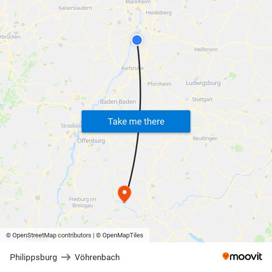 Philippsburg to Vöhrenbach map