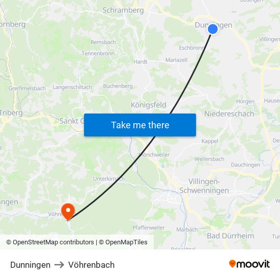 Dunningen to Vöhrenbach map