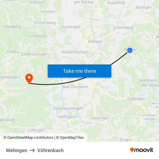Wehingen to Vöhrenbach map