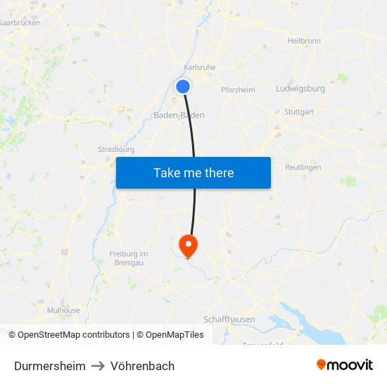 Durmersheim to Vöhrenbach map