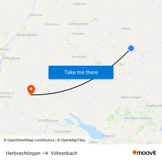 Herbrechtingen to Vöhrenbach map