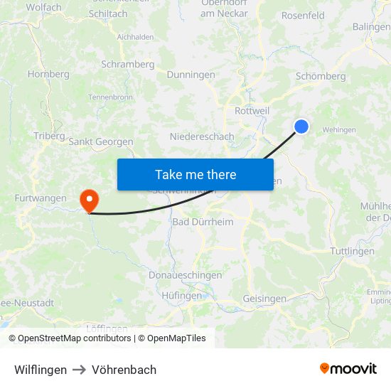 Wilflingen to Vöhrenbach map