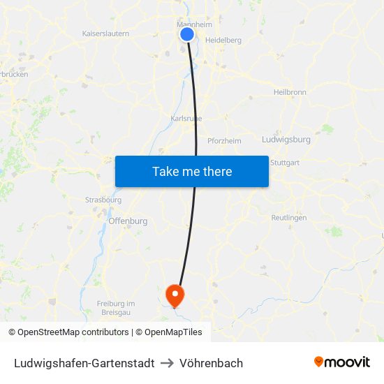 Ludwigshafen-Gartenstadt to Vöhrenbach map