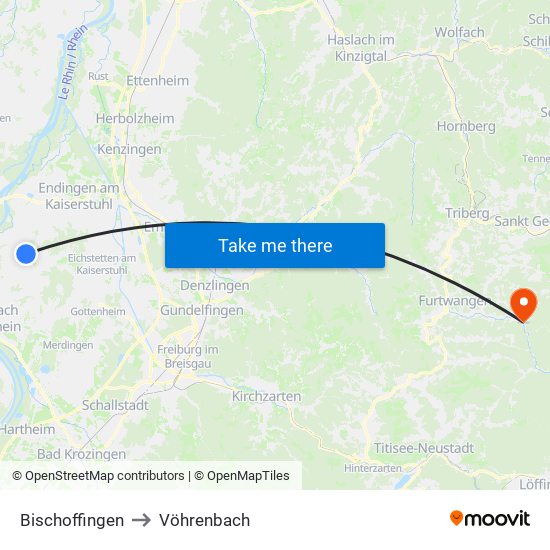 Bischoffingen to Vöhrenbach map