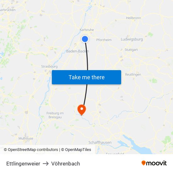 Ettlingenweier to Vöhrenbach map