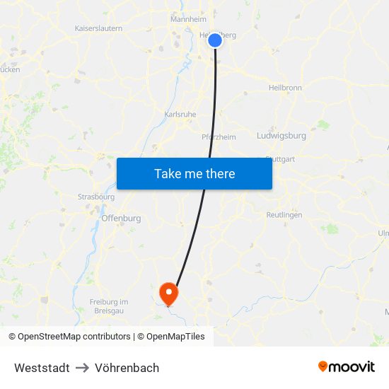 Weststadt to Vöhrenbach map