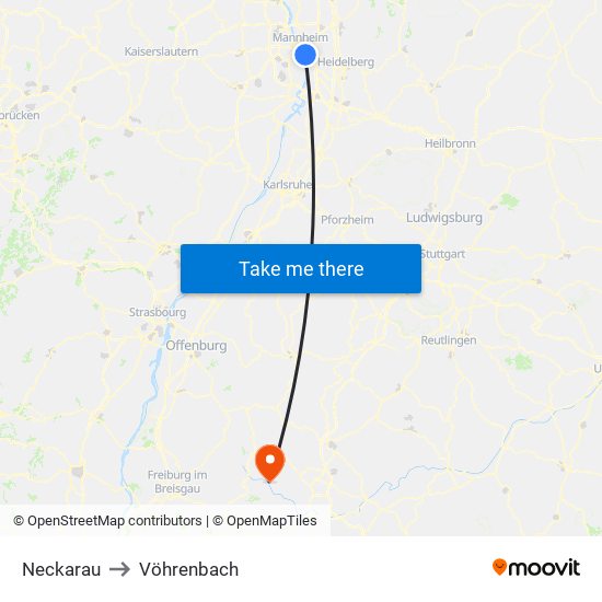 Neckarau to Vöhrenbach map