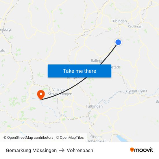 Gemarkung Mössingen to Vöhrenbach map