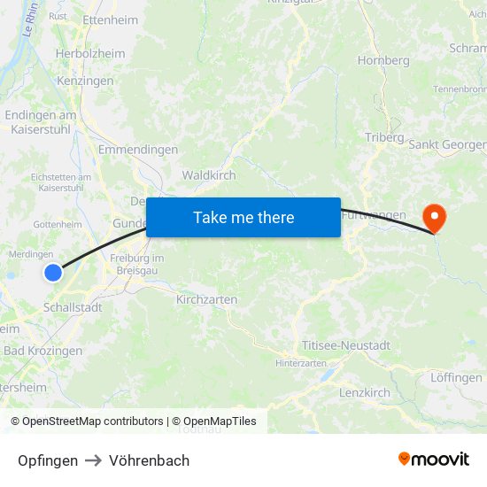 Opfingen to Vöhrenbach map