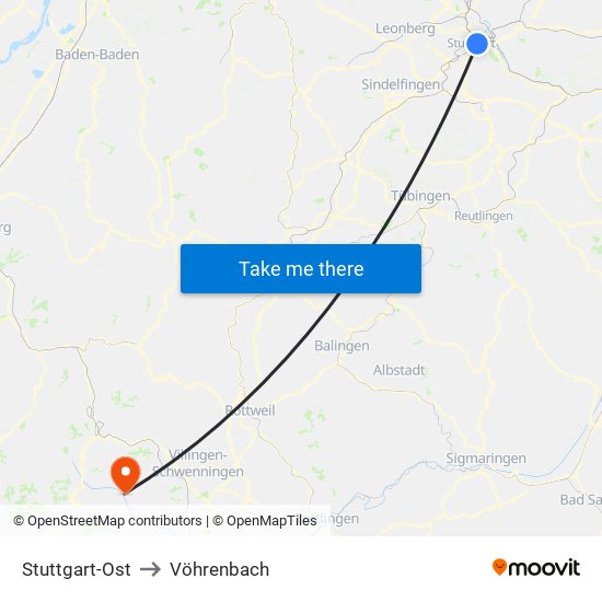 Stuttgart-Ost to Vöhrenbach map