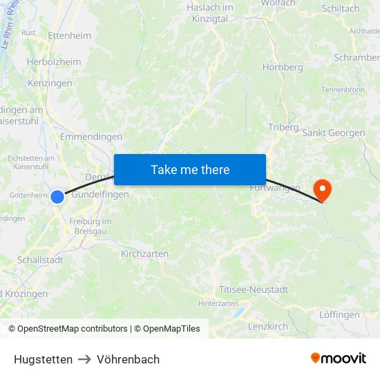 Hugstetten to Vöhrenbach map