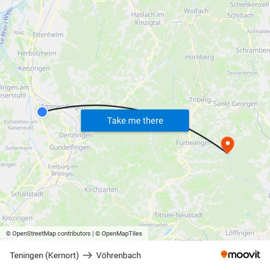 Teningen (Kernort) to Vöhrenbach map