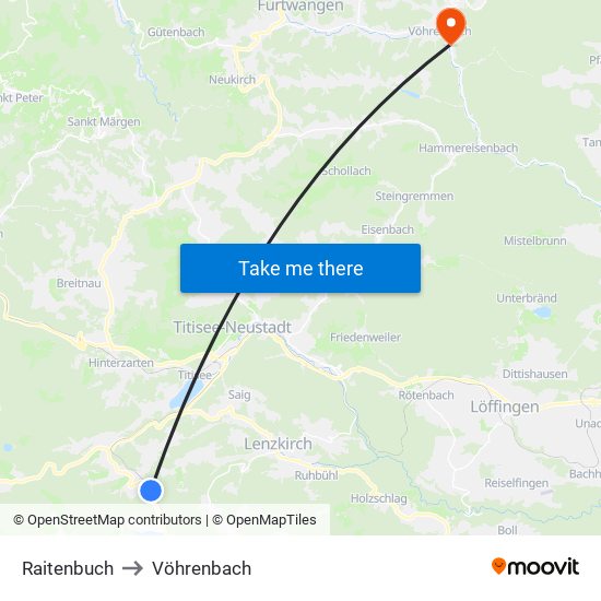 Raitenbuch to Vöhrenbach map