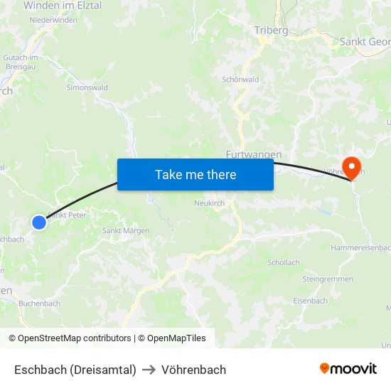 Eschbach (Dreisamtal) to Vöhrenbach map