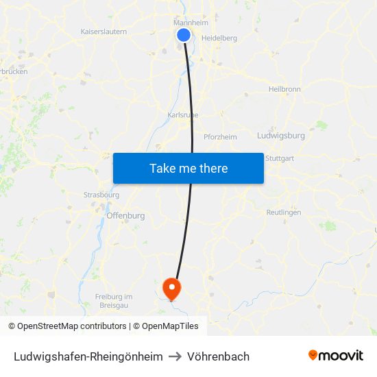 Ludwigshafen-Rheingönheim to Vöhrenbach map