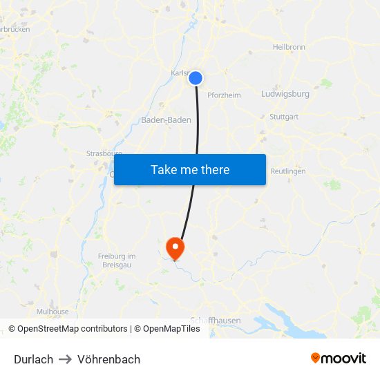 Durlach to Vöhrenbach map