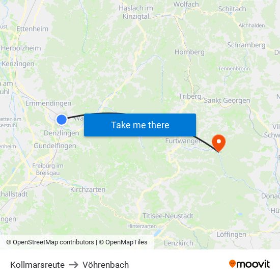 Kollmarsreute to Vöhrenbach map