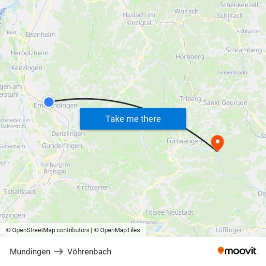 Mundingen to Vöhrenbach map