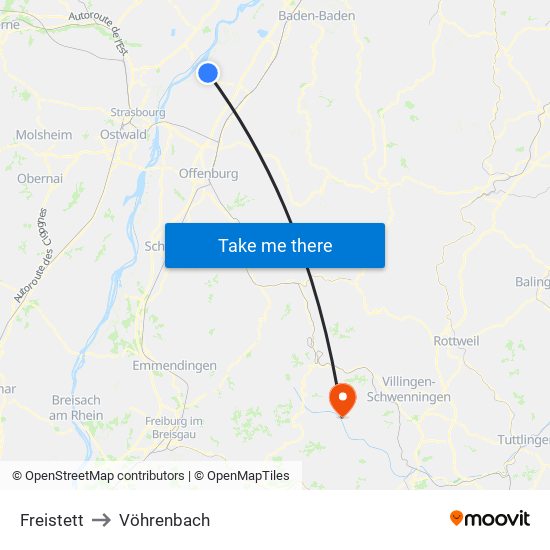 Freistett to Vöhrenbach map