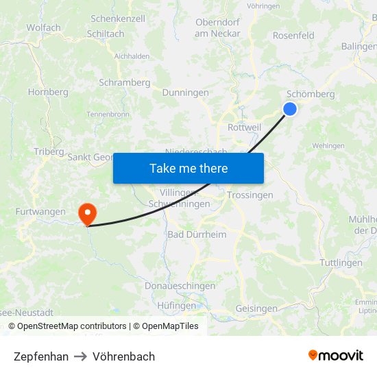 Zepfenhan to Vöhrenbach map