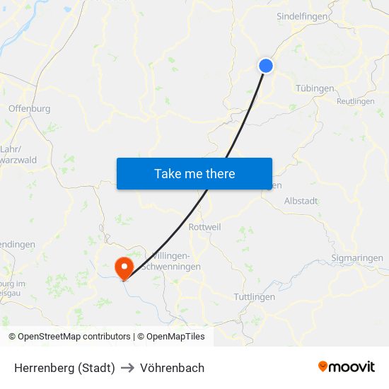 Herrenberg (Stadt) to Vöhrenbach map