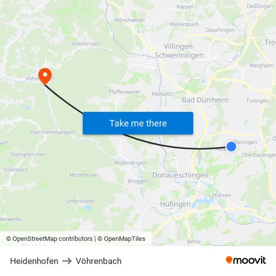 Heidenhofen to Vöhrenbach map