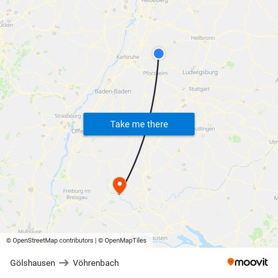 Gölshausen to Vöhrenbach map