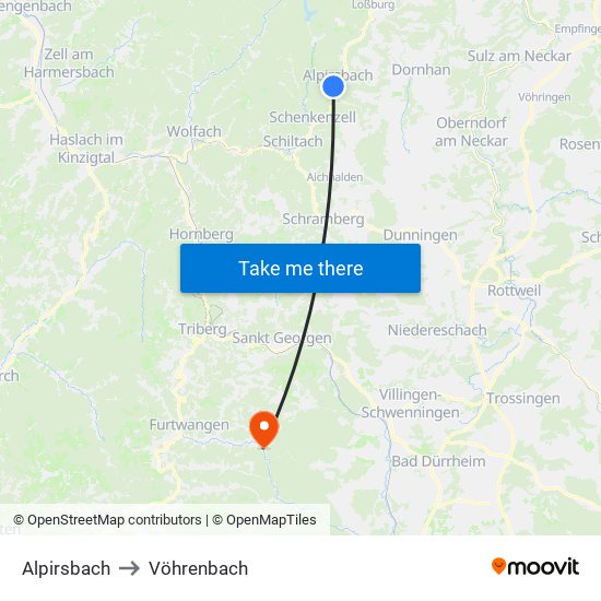 Alpirsbach to Vöhrenbach map
