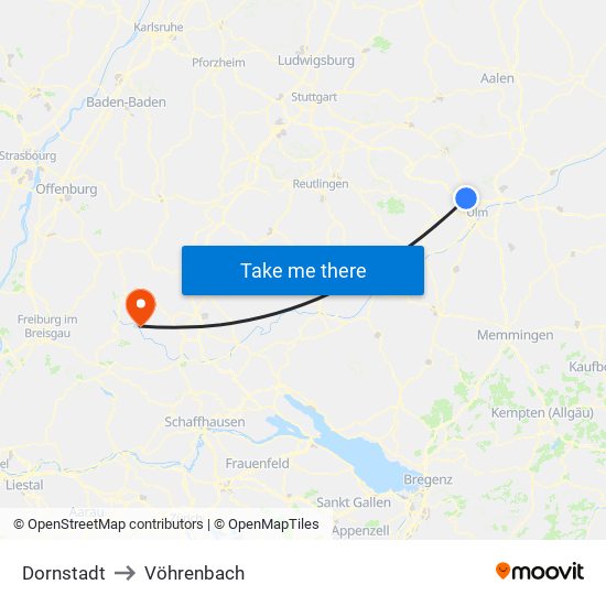 Dornstadt to Vöhrenbach map