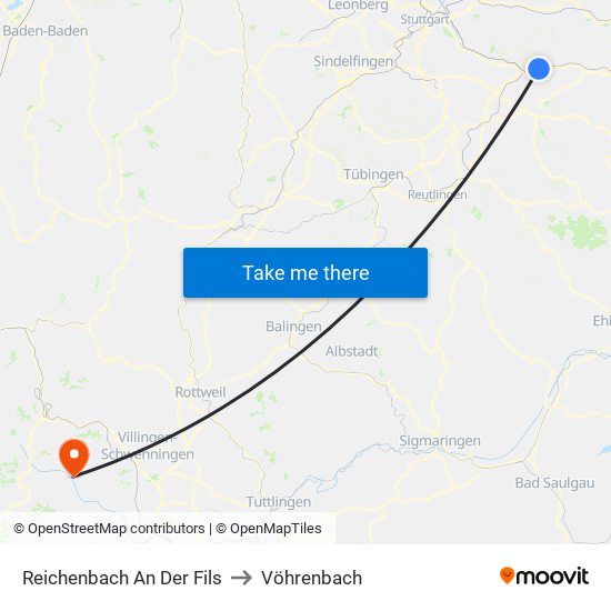 Reichenbach An Der Fils to Vöhrenbach map