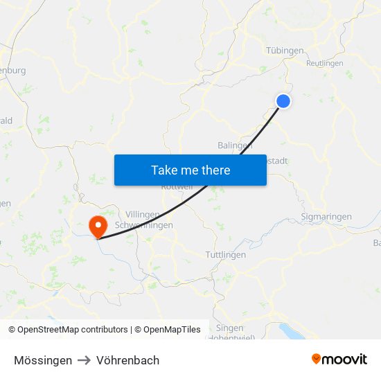 Mössingen to Vöhrenbach map