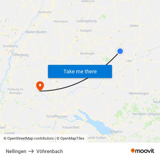 Nellingen to Vöhrenbach map