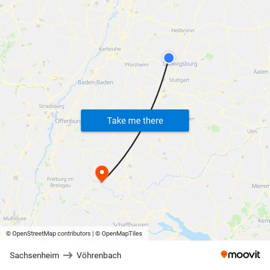 Sachsenheim to Vöhrenbach map