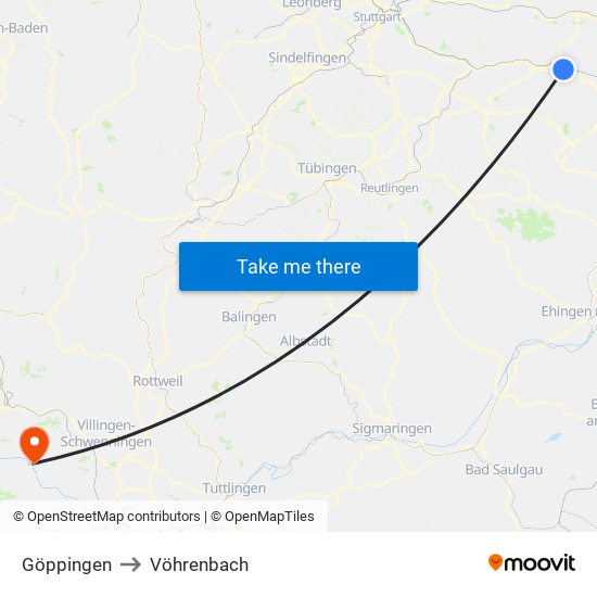 Göppingen to Vöhrenbach map