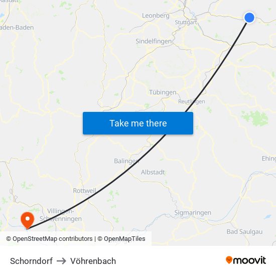 Schorndorf to Vöhrenbach map