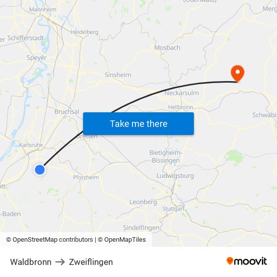 Waldbronn to Zweiflingen map