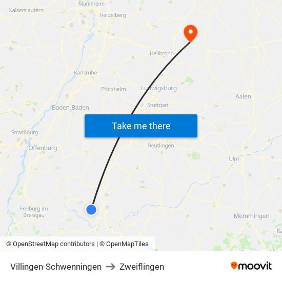 Villingen-Schwenningen to Zweiflingen map