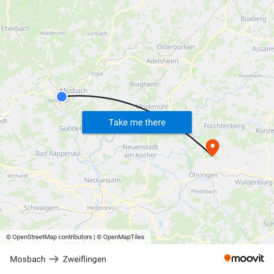 Mosbach to Zweiflingen map