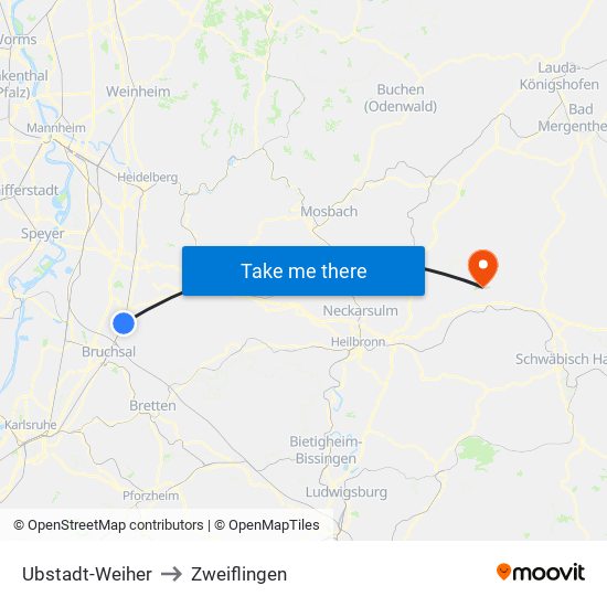 Ubstadt-Weiher to Zweiflingen map