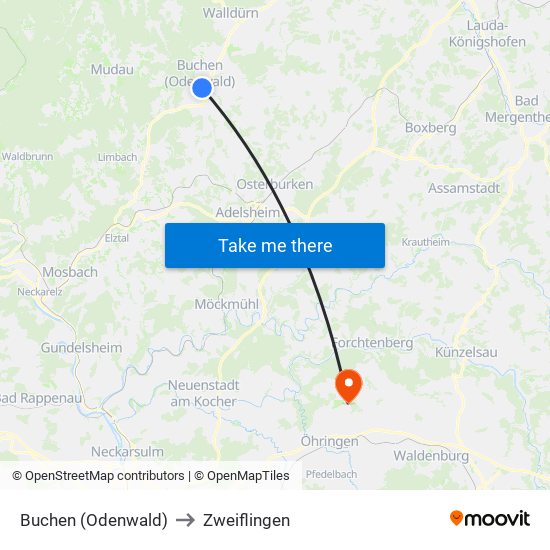 Buchen (Odenwald) to Zweiflingen map