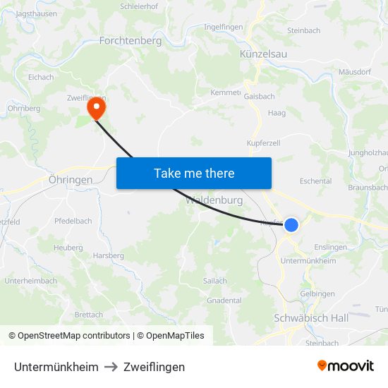 Untermünkheim to Zweiflingen map